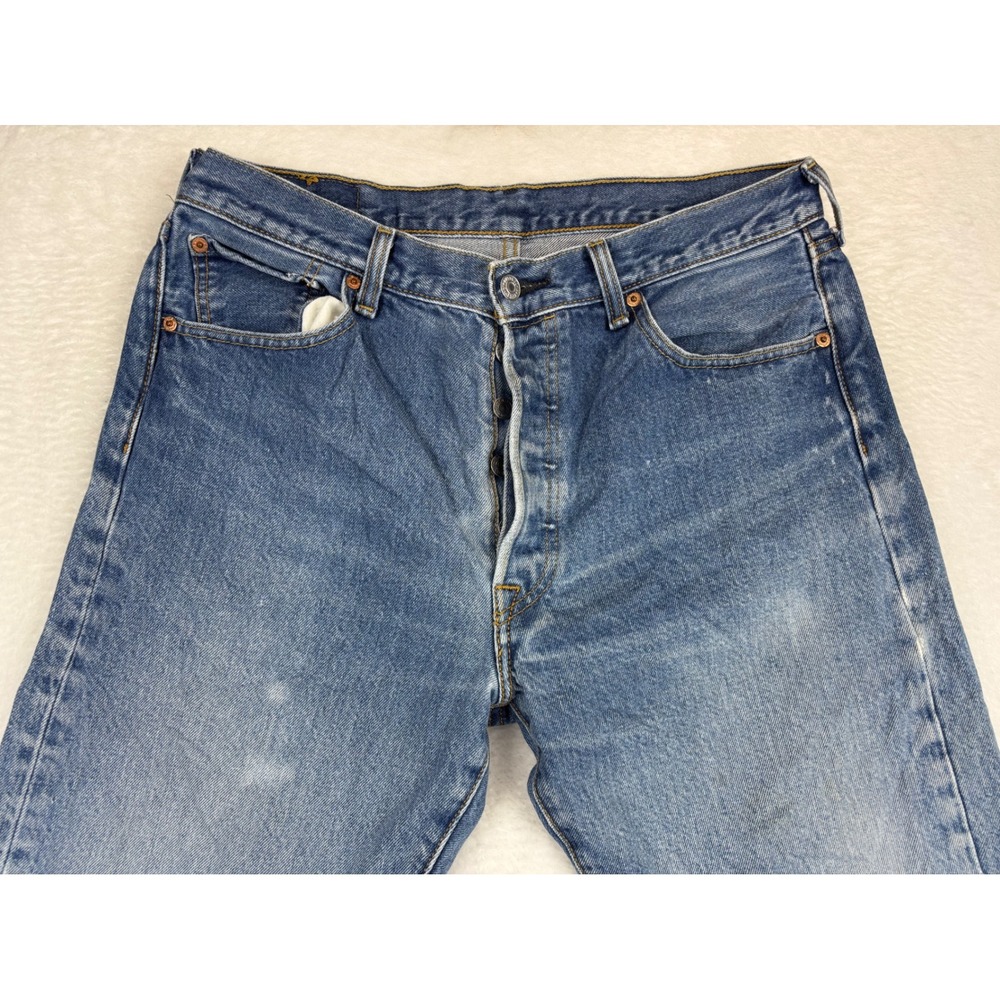 Levis 501 Men's 35x36 Jeans Medium Blue Wash Paint Splatter Distressed Denim - Picture 2 of 12